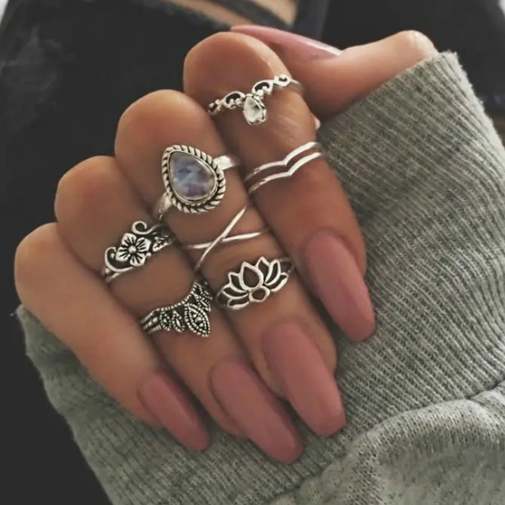 2/$10 NEW! Boho 7 Piece Ring Set Midi Crystal Boho Cute Sequin Gem Lotus Punk
